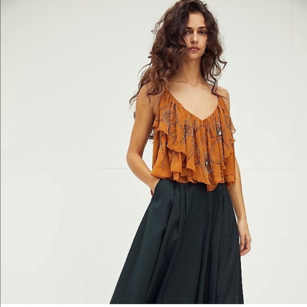 Tan beaded lace bohemian free people crop top Elsa embellished tank